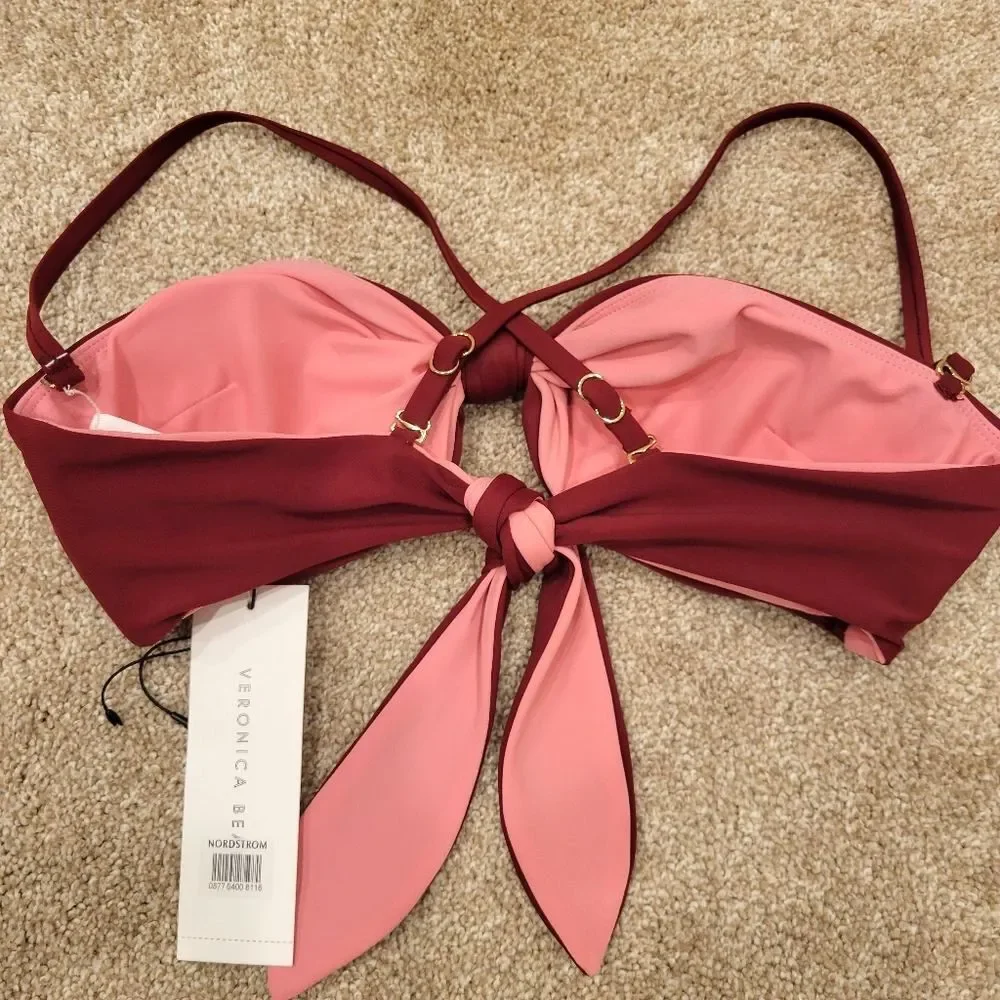 New Veronica Beard Tie-Front Bandeau Bikini Top Maroon Red Euro Summer Boho M - Picture 3 of 7